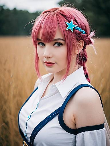 Asta Honkai Star Rail Cosplay Portrait with Pink Hair and Blue Star Accessory