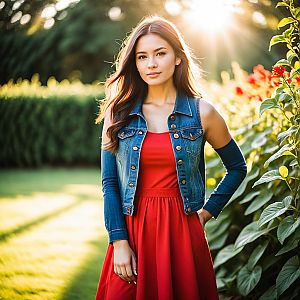 Confident Woman in Red Dress in Sunlit Garden