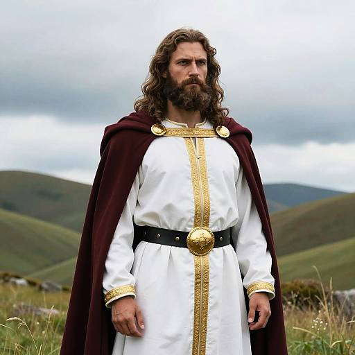 Medieval Nobleman Wearing White and Gold Tunic with Maroon Cape in Countryside