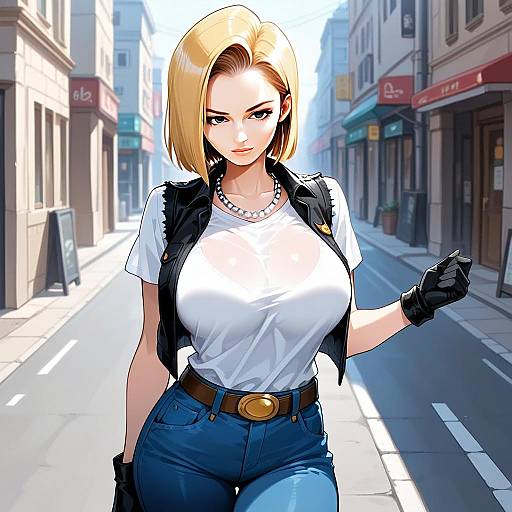 Confident Blonde Woman in Urban Streetwear Anime Illustration