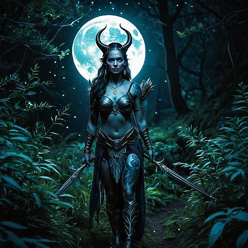 Fantasy Woman Warrior with Horned Helmet and Swords in Moonlit Forest