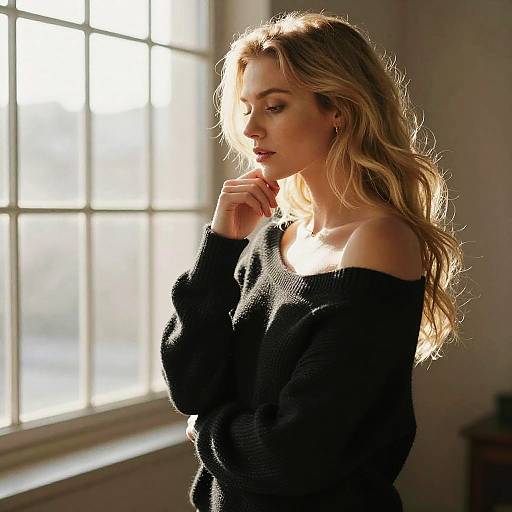 Blonde Woman in Black Sweater Standing by Window in Natural Light