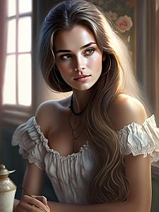 Young Woman by Window in Romantic Blouse