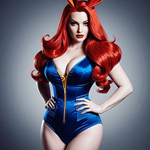 Confident Woman in Blue Satin Bodysuit with Vibrant Red Hair