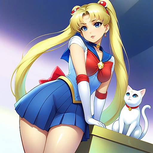Anime Illustration of Woman as Sailor Moon with White Cat