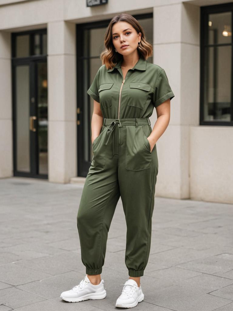 Confident Woman in Olive Green Jumpsuit with Sneakers