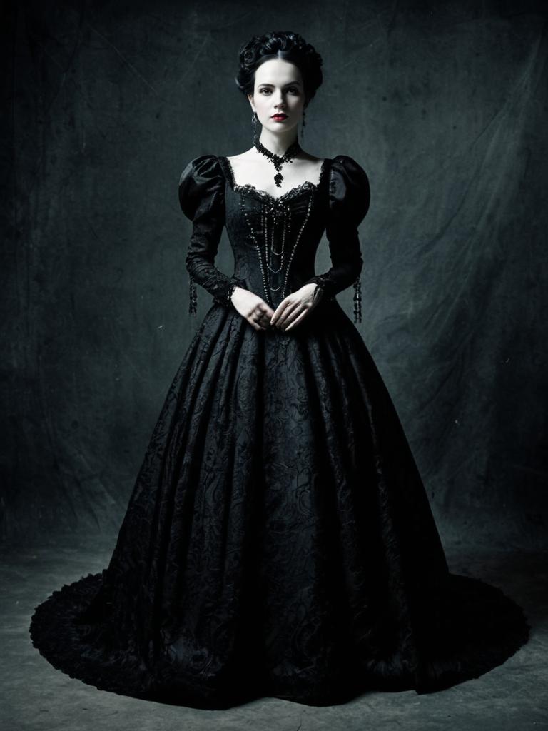Woman in Elaborate Black Gothic Victorian Gown Full Body Portrait