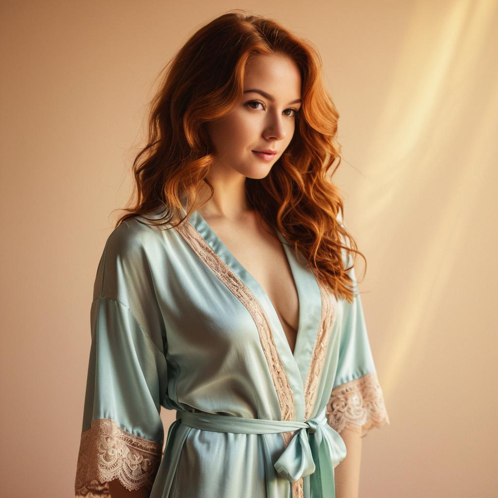 Red Haired Woman in Light Blue Satin Lace Robe Portrait