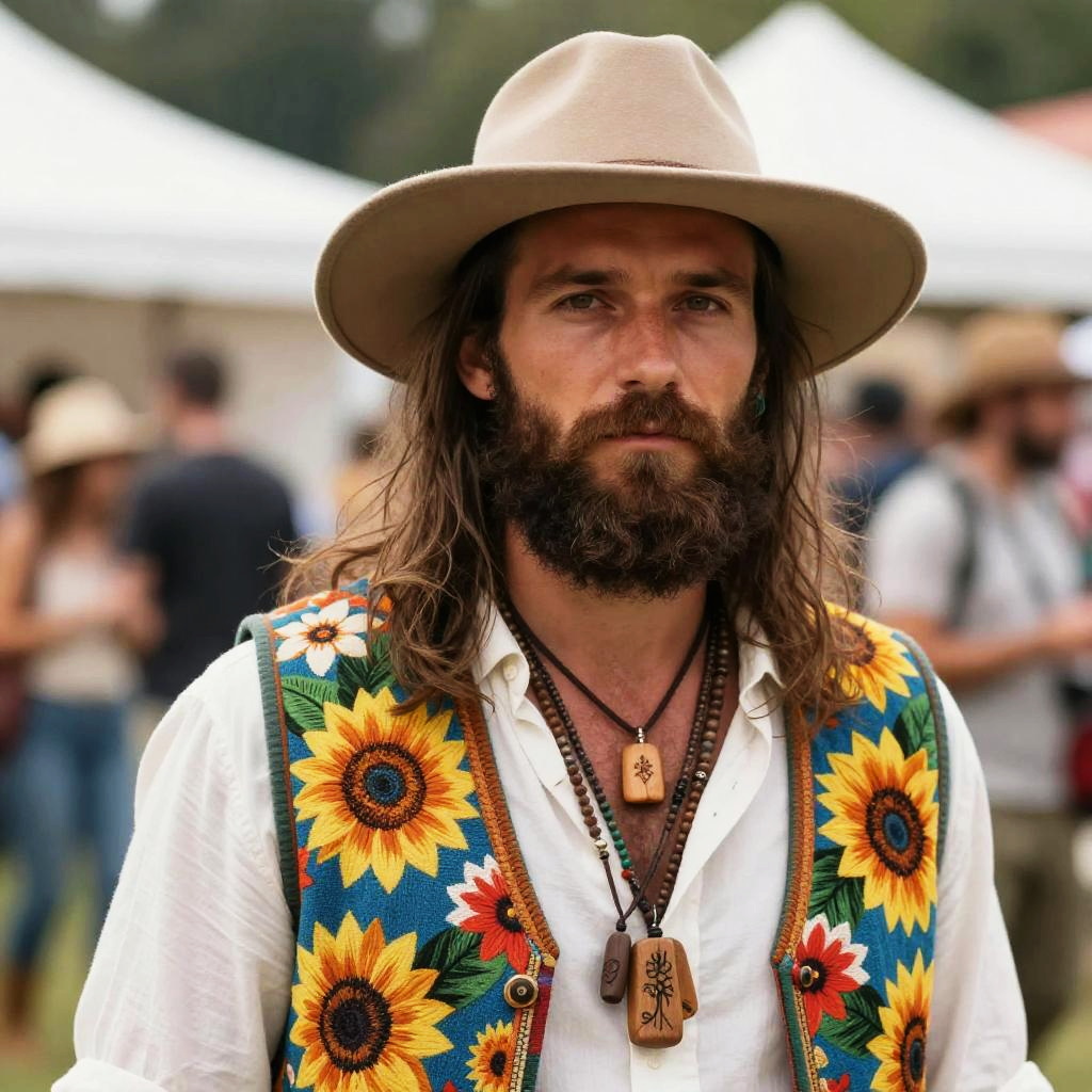 Man Wearing Sunflower Vest and Wide-Brimmed Hat in Bohemian Festival Style