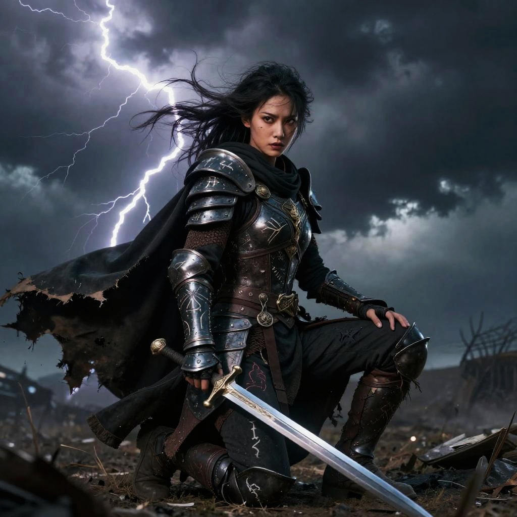 Epic Female Warrior in Medieval Armor with Lightning Storm