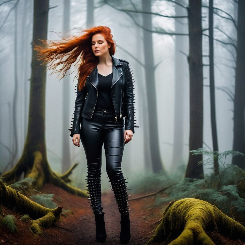 Confident Woman with Red Hair in Leather Jacket on Forest Path