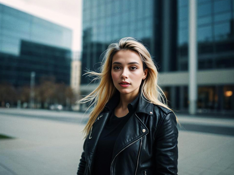 Confident Woman in Black Leather Jacket