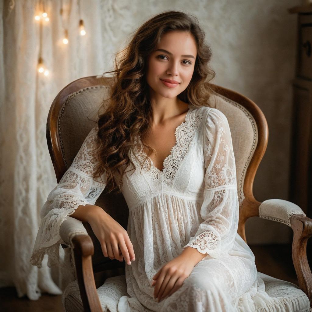 Young Woman in White Lace Dress Sitting on Vintage Chair