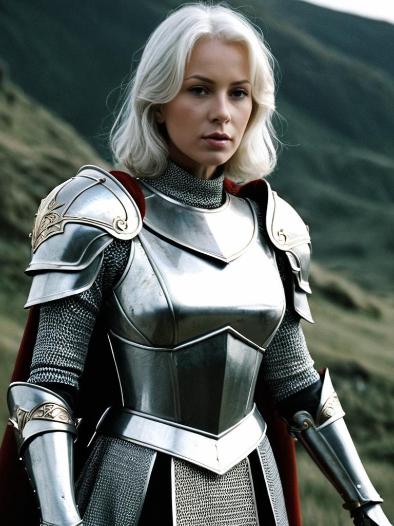 Woman in Excalibur Medieval Armor Costume with Chainmail and Red Cape