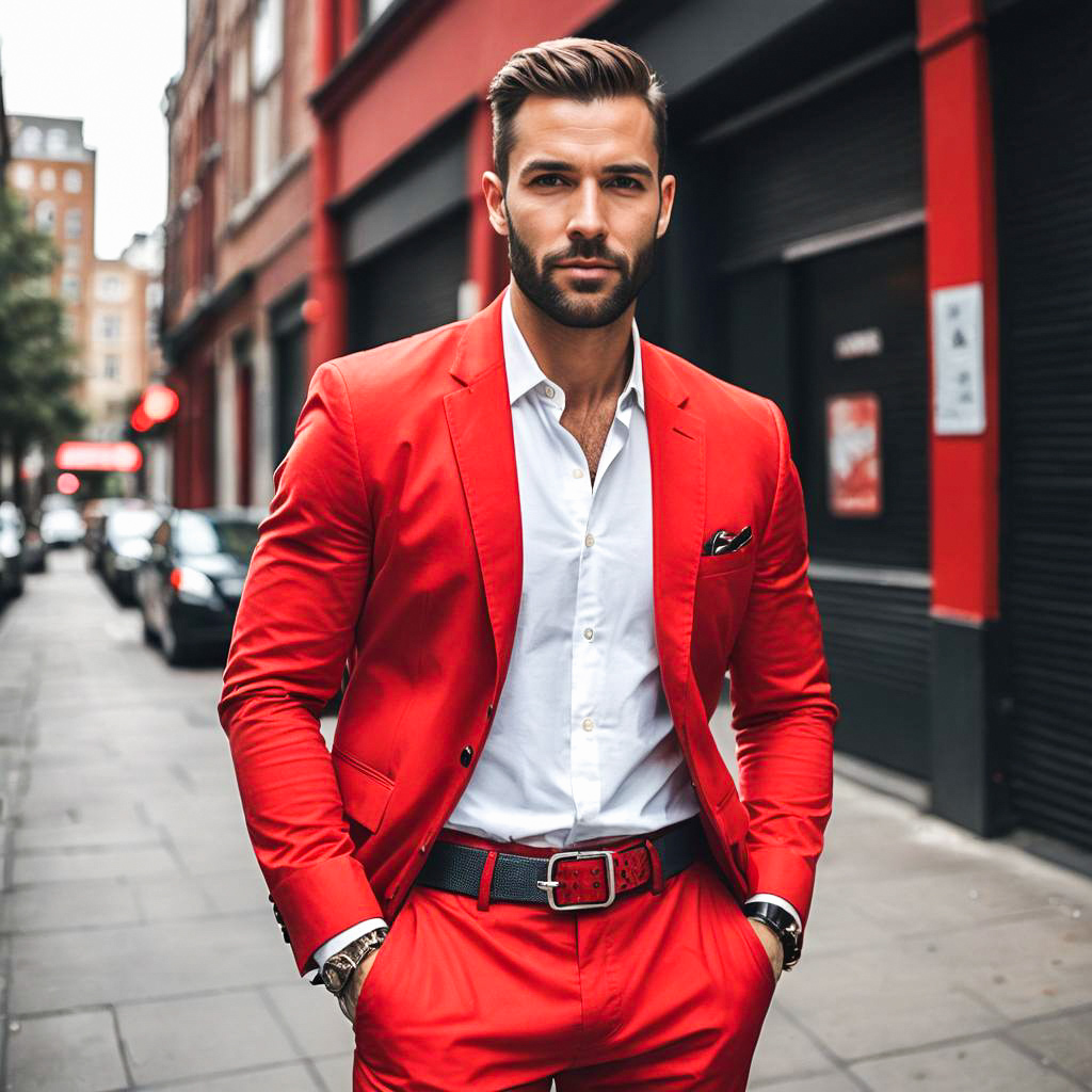 Stylish Man in Red Suit Walking in City