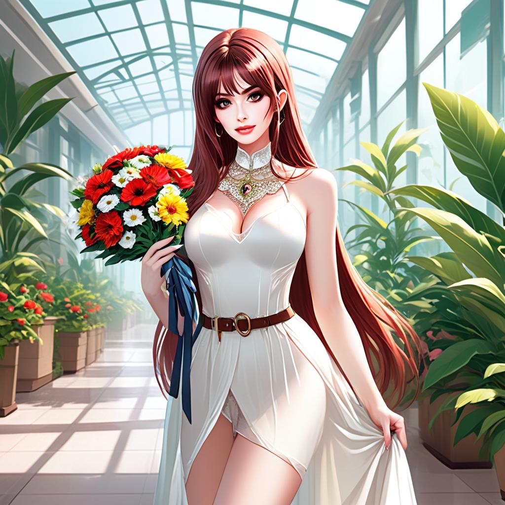 Young Woman in Greenhouse with Bouquet