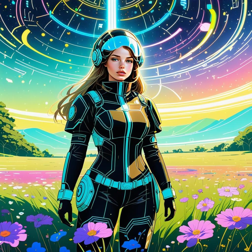 Futuristic Woman in High-Tech Suit in Colorful Meadow