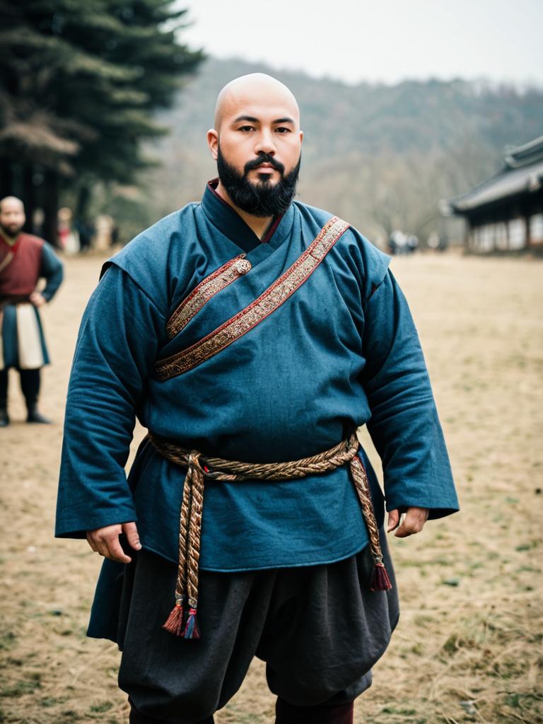 Plus Size Man in Blue Medieval Costume Outdoors