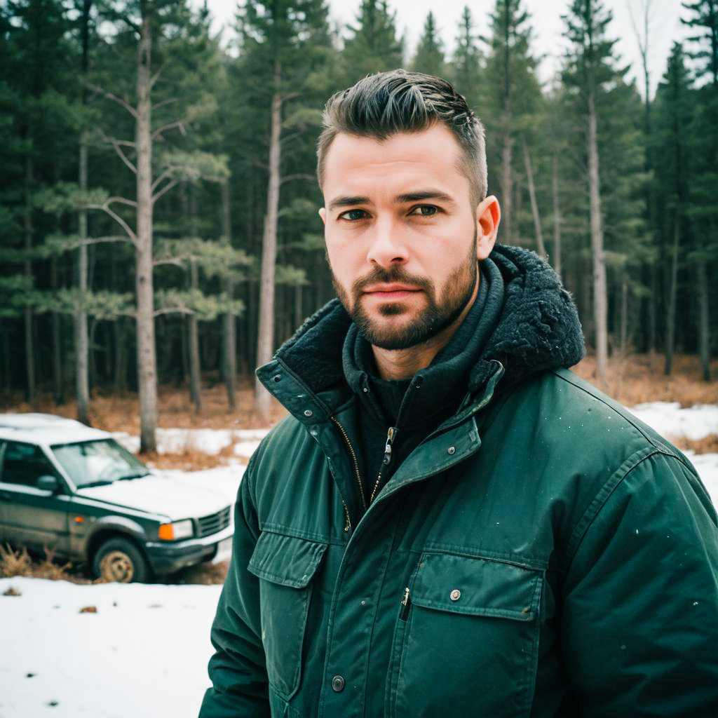 Man in Green Winter Jacket Outdoors in Snowy Forest with SUV