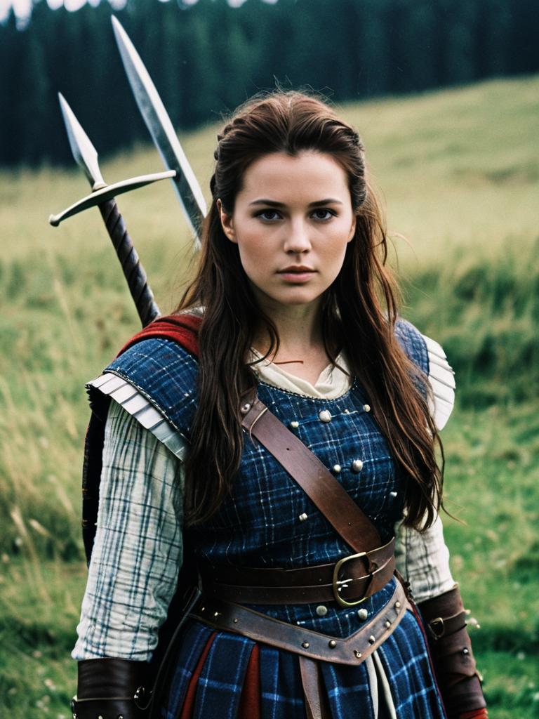 Braveheart Inspired Woman in Medieval Costume with Swords in Nature