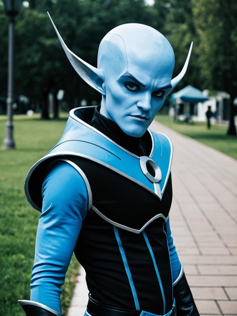 Man in Megamind Costume Outdoor Cosplay Portrait Cinematic Realism