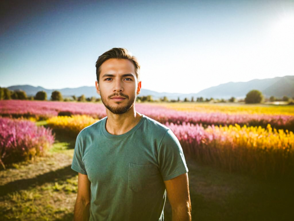 Young Man in Colorful Flower Field