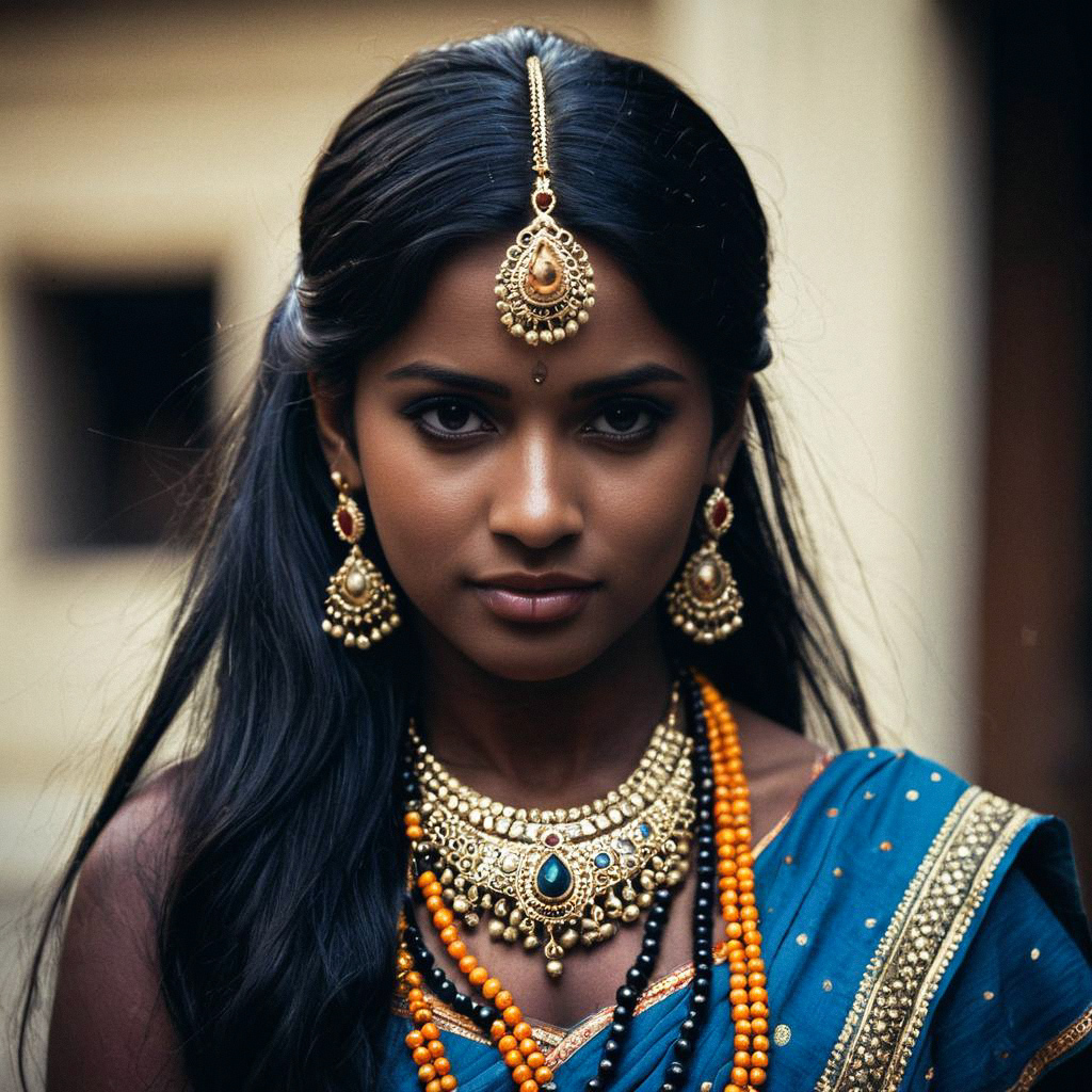 Woman in Blue Saree with Gold Embroidery Woman in Blue Saree with Gold Embroidery