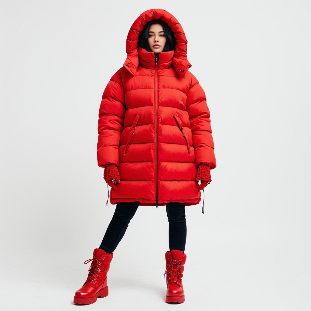Woman Wearing Bright Red Oversized Puffer Coat and Winter Boots in Streetwear Style