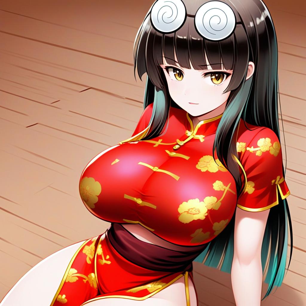 Anime Woman in Red Chinese Qipao with Floral Design