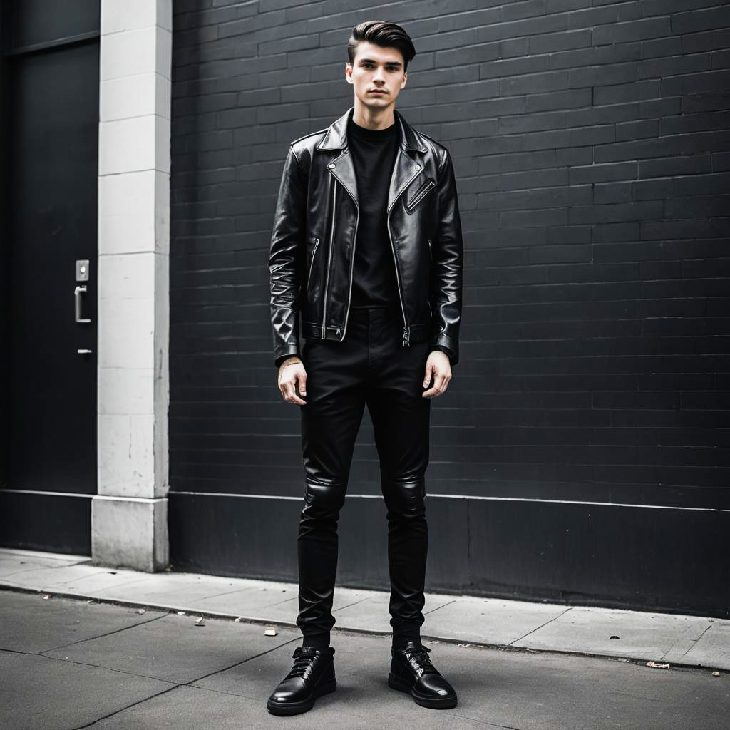 Stylish Young Man in Black Leather Jacket