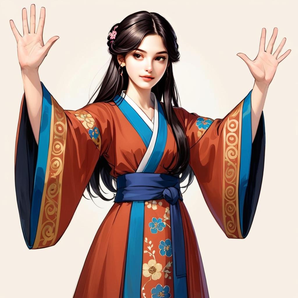 Young Woman in Ornate Traditional Robe with Floral Designs Young Woman in Ornate Traditional Robe with Floral Designs
