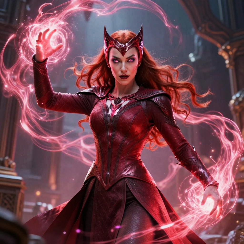 Fantasy Sorceress Woman with Magical Energy in Red Costume