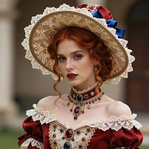 Victorian Woman in Elegant Red and Lace Costume with Wide-Brimmed Hat