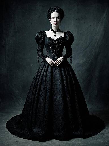 Woman in Elaborate Black Gothic Victorian Gown Full Body Portrait