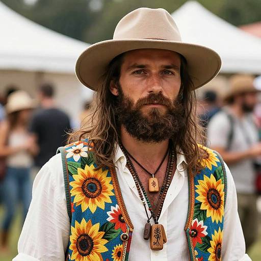 Man Wearing Sunflower Vest and Wide-Brimmed Hat in Bohemian Festival Style