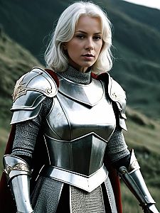 Woman in Excalibur Medieval Armor Costume with Chainmail and Red Cape