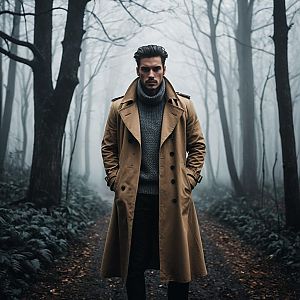 Man in Camel Trench Coat on Foggy Forest Path