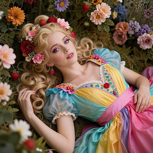 Whimsical Woman in Floral Dress Lying Among Flowers