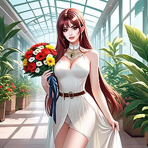 Young Woman in Greenhouse with Bouquet