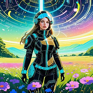 Futuristic Woman in High-Tech Suit in Colorful Meadow