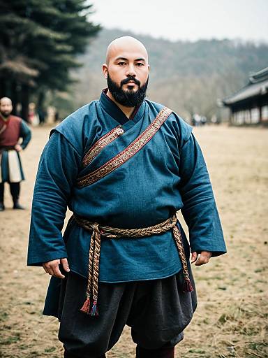 Plus Size Man in Blue Medieval Costume Outdoors