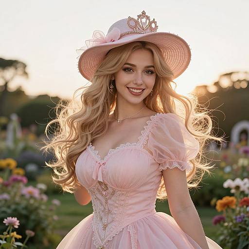 Elegant Woman in Pink Vintage Dress and Tiara Hat in Garden