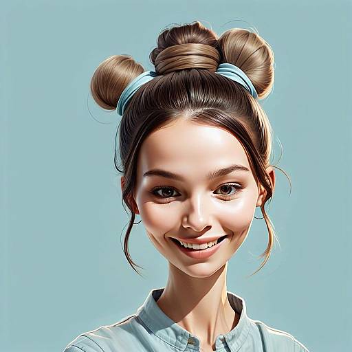 Smiling Young Woman with Triple Hair Buns in Digital Art Portrait