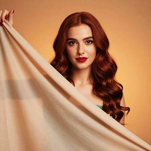 Elegant Red Haired Woman Holding Beige Fabric with Warm Background