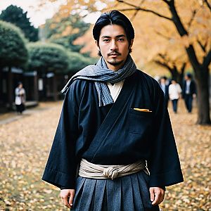 Man in Traditional Japanese Fall Outfit on Leafy Path