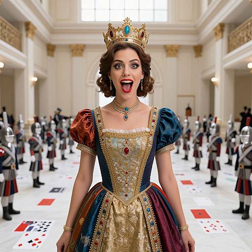 Joyful Queen in Regal Costume Among Toy Soldiers and Playing Cards