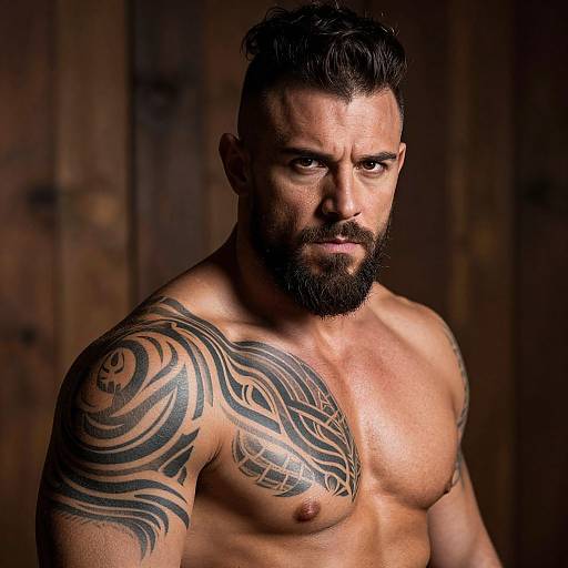 Muscular Man with Tribal Tattoo and Intense Gaze in Studio