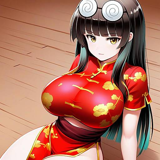 Anime Woman in Red Chinese Qipao with Floral Design