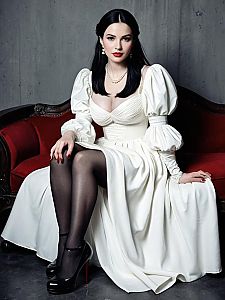 Elegant Woman in Vintage White Dress on Red Velvet Sofa