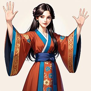 Young Woman in Ornate Traditional Robe with Floral Designs